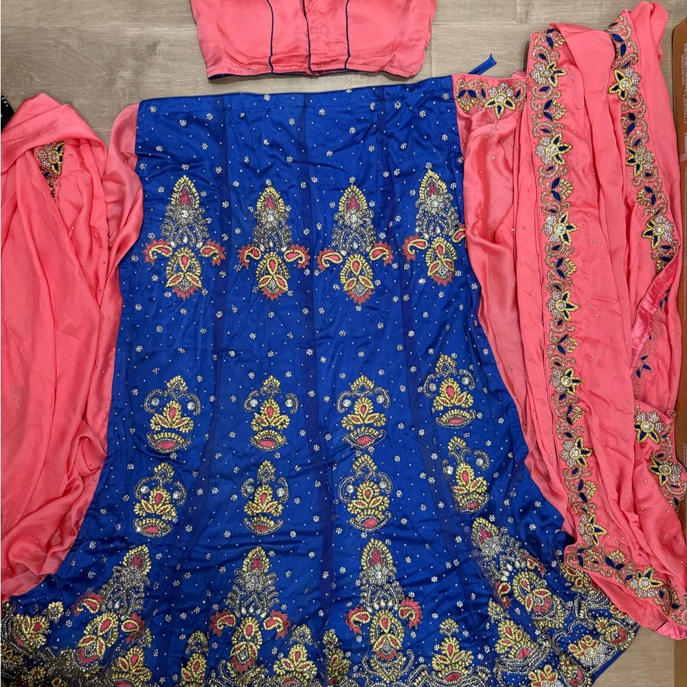 Embroidered Royal Blue & Coral Lehenga Set